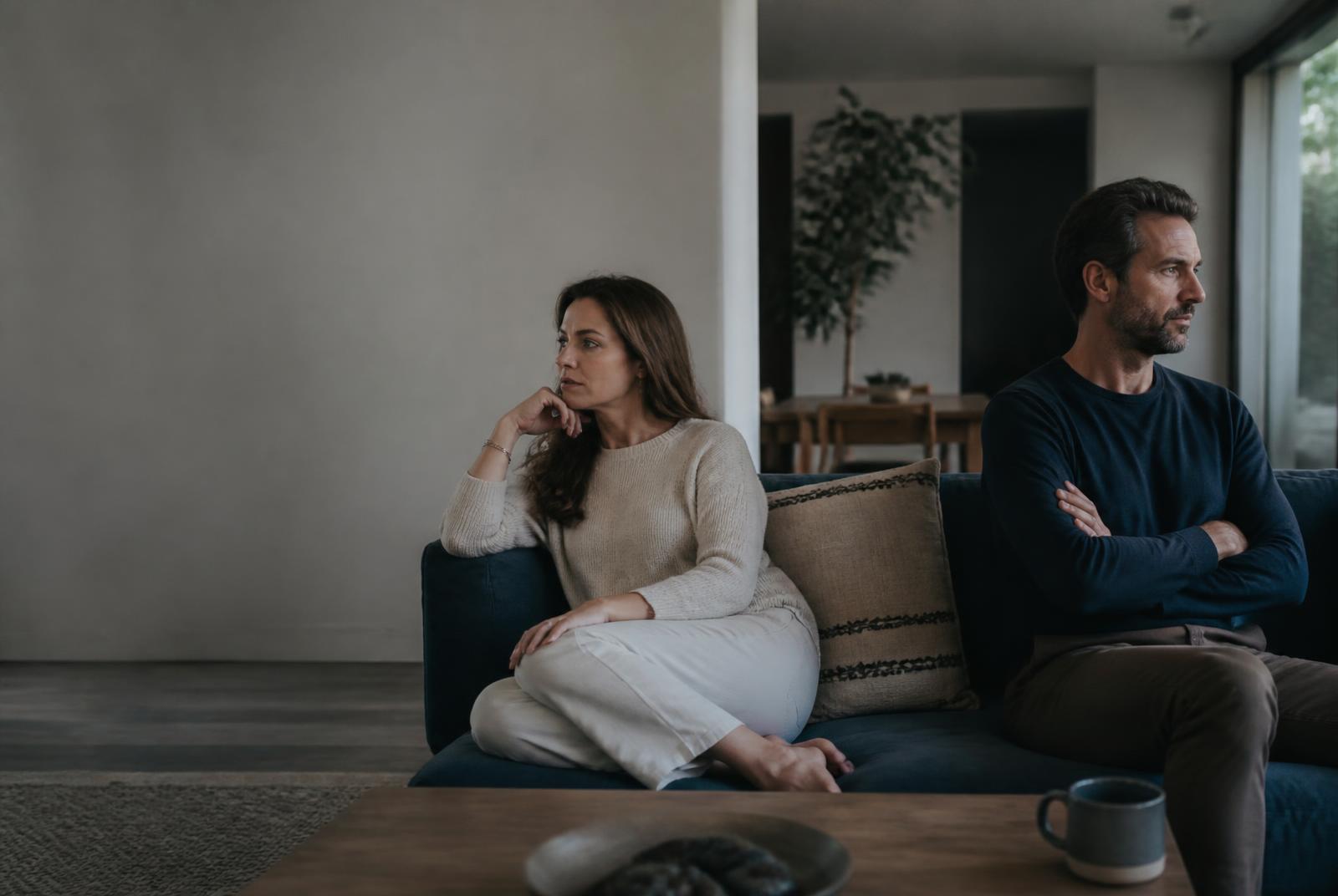 A couple sitting apart after a difficult conversation