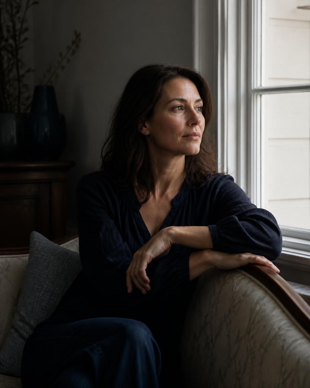 A woman reflecting quietly beside a window